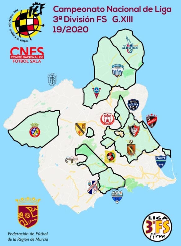 Mapa con los 16 equipos que forman el grupo murciano de la Tercera División de fútbol sala